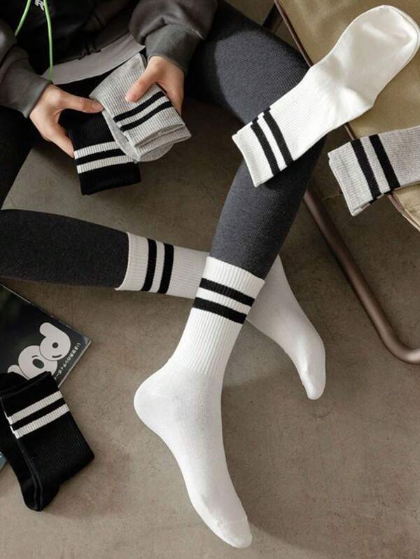 3 Pares De Meias Casuais De Mulher Mid-calf Preta/branca/cinza Com Padrão De Listras Duplas, Meias Respiráveis De Cor Sólida Para Estudantes, Outono/inverno