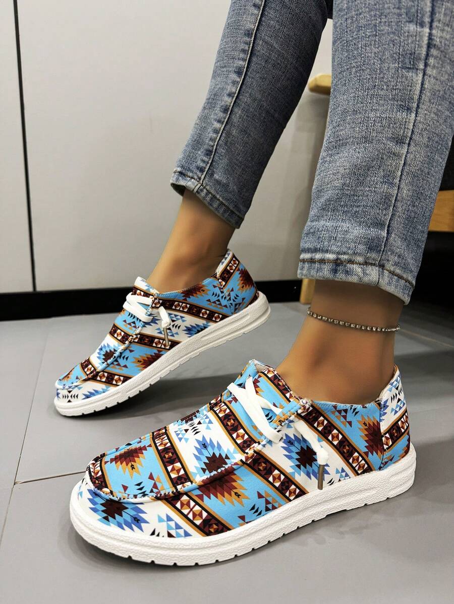 Của phụ nữ Xanh Hình học In Giày phẳng , 2024 Mới Mùa Xuân Và Mùa thu Phong cách , Giày lười , Chống trượt , Đúng mốt Và Đơn giản giản dị Giày dép Đối với Sinh viên In Lớn Kích thước - Màu xanh lam - Xem 1