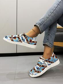 Của phụ nữ Xanh Hình học In Giày phẳng , 2024 Mới Mùa Xuân Và Mùa thu Phong cách , Giày lười , Chống trượt , Đúng mốt Và Đơn giản giản dị Giày dép Đối với Sinh viên In Lớn Kích thước - Màu xanh lam - Xem 2