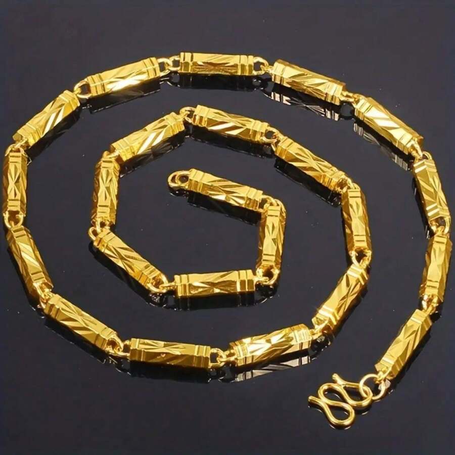 1入時尚大膽的黃金鍍銅竹節六邊形吊墜項鍊,適合男士日常佩戴 - 金黃色 - 查看 1