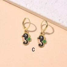 1對不尋常設計的可愛卡通海馬、魚、章魚不鏽鋼和油滴兒童耳環 - 彩色 - 查看 6