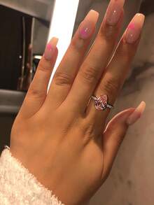 纯银粉色梨形切割订婚戒指，适合女士婚礼，可定制时尚派对个性化戒指 R6929 - 粉色 - 查看 2