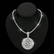 1個歐美流行風格圓形標籤美元符號吊墜項鍊,獨特設計,由t形鑲嵌方形鑽和金色符號嘻哈墜飾項鍊組成,製成合金 - 美元符號吊墜 - 查看 6