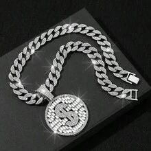 1個歐美流行風格圓形標籤美元符號吊墜項鍊,獨特設計,由t形鑲嵌方形鑽和金色符號嘻哈墜飾項鍊組成,製成合金 - 美元符號吊墜 - 查看 9