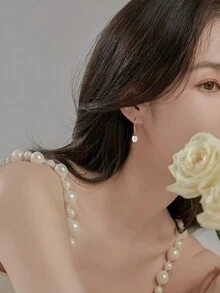 925純銀抗過敏掛鉤耳環,帶天然珍珠吊墜,時尚優雅風格,適合女性 - 白色 - 查看 3