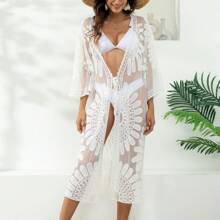 Pareo Encaje Salida De Playa Larga Ropa Piscina Vestido - beige girasol - Ver 7