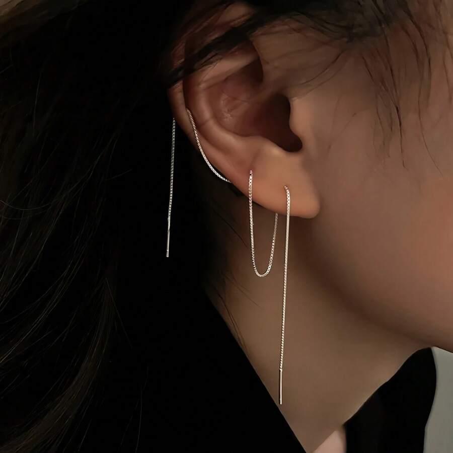 2入組潮流長流蘇耳骨墜耳環，女性禮物珠寶 - 銀色 - 查看 1
