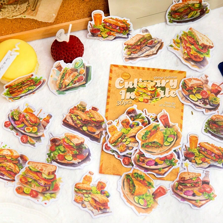 YANJI 30入組三明治食物主題diy裝飾貼紙,剪貼簿和拼貼創意手工藝品用品,美學配件適用於手機、電腦和筆記本電腦 - 芥末黃 - 查看 1