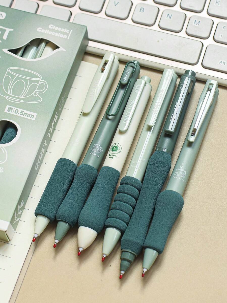 MOKA 6入組中性筆,西式文具,精美極簡實色與粉色半透明筆殼,0.5mm黑色水性筆芯,共6支 - 查看 1