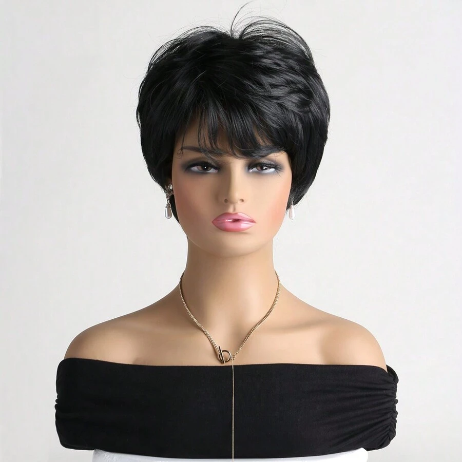 女式時尚 10 吋短卷合成假髮,黑色,有瀏海,適合日常佩戴 - 黑色 - 查看 1