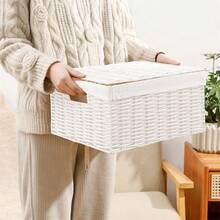 3入組白色編織柳條帶蓋、 罩內襯和環的儲物籃,多功能收納組織器皿,適用於育嬰、嬰兒、衣物、玩具、書籍,大/中/小尺寸 - 白色 - 查看 3