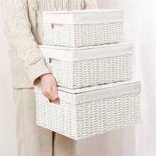 3入組白色編織柳條帶蓋、 罩內襯和環的儲物籃,多功能收納組織器皿,適用於育嬰、嬰兒、衣物、玩具、書籍,大/中/小尺寸 - 白色 - 查看 5