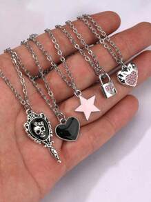 5pcs/Set Y2k Retro Gothic Punk Rock Style Pendant Necklace With Items Of Star, Moon, Cross, Spider, Magic Mirror, Skull, All With Rhinestone And Stainless Steel Chain, Ins Style Personalized Hip Hop Bohemian Accessories. - Silver - View 11