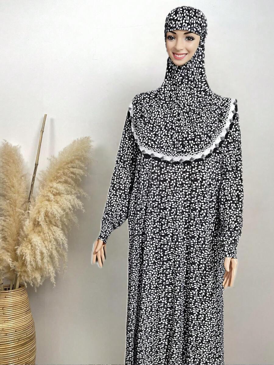 1pc/Set Women's Prayer And Home Wear 3xl Print Pattern Sport Sleeve Floor-Length Hijab With Lace Edge - Black and White - View 1