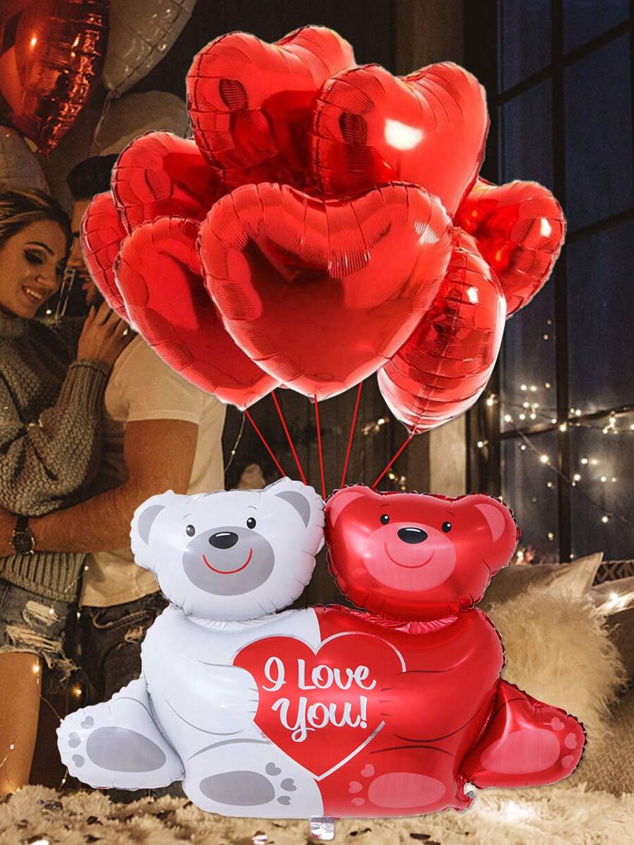 11pcs Bear Hug Aluminum Balloon Set, Cute Large Bear Shaped Balloon & 18-Inch Red Star Balloon Suitable For Wedding Valentine'S Day Party Decoration - Multicolor - View 1
