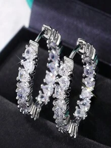 1對方形鋯石女性耳環,時尚女孩配飾,適用於派對或日常時尚飾品 - 銀色 - 查看 1