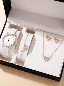 5pcs/Set Fashionable & Simple Women'S Watch And Heart Shaped Jewelry Set - White - View 1