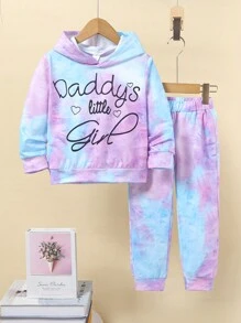 Girls' Tie Dye Letter Printed Hooded Sweatshirt And Sports Pants - Purple - View 1