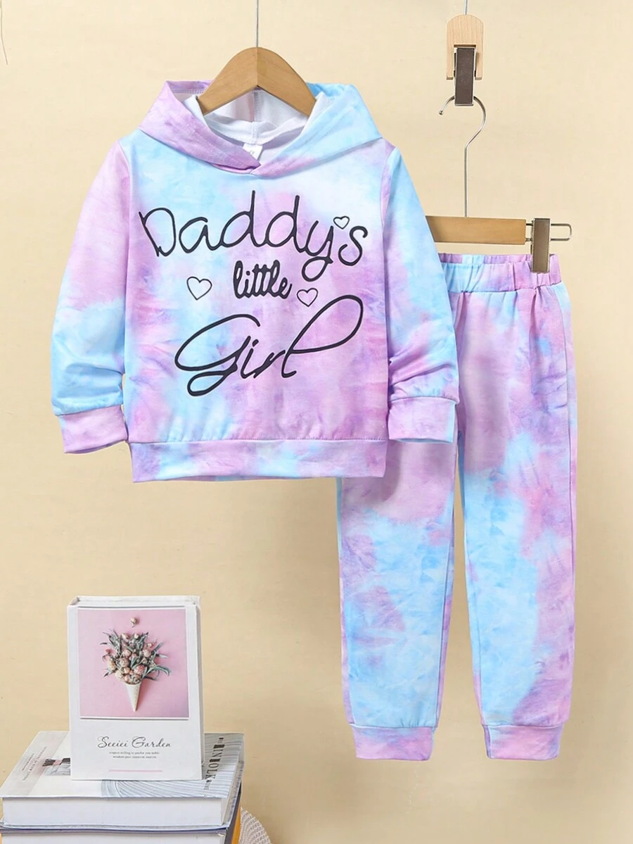 Girls' Tie Dye Letter Printed Hooded Sweatshirt And Sports Pants - Purple - View 1