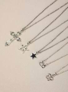 Conjunto de 5 colares estilo Y2K Retro Gótico Punk Rock, incluindo estrela, cruz com strass, cruz em formato de coração, pingentes em forma de borboleta, com corrente de aço inoxidável. Estilo Ins, Personalizado, Hip Hop, Estilo Boêmio, Colares de Pingente Love-Lock.