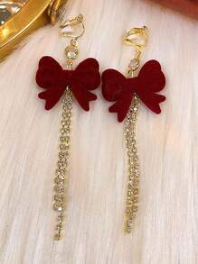 2pcs Luxury, Long Tassel, Rhinestone Chain & Bowknot Shaped Ear Clip With Elegant Style & No Piercing Design For Women, Suitable For Daily, Party Wear & As New Year Gift - Red - View 5
