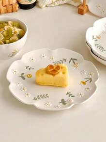 1pc Delicate Ceramic Plate With Daisy Relief & Lace Edge Design, French Style Dessert/Salad Plate, Suitable For Restaurant & Home Decor Christmas Gift