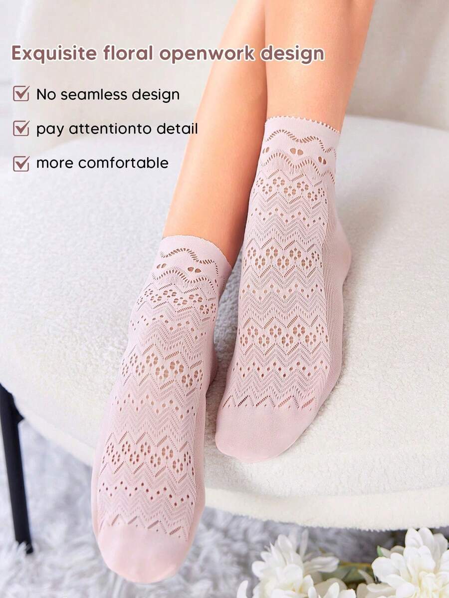 1 Pair Ladies' Breathable Soft-Skin Lace Short Socks For Summer, Sweat-Absorbent - Baby Pink - View 1