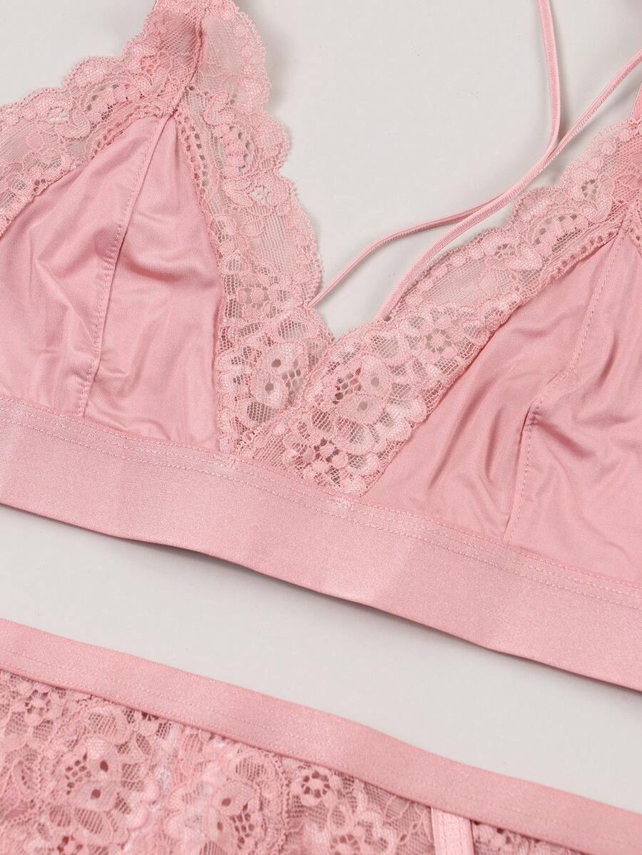 3pcs Women's Sexy Cross Strap Lace Trim Triangle Bralette Set With