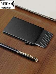 男士超薄铝制 RFID 屏蔽钱包 - 简约纯色多功能男士钱包自动弹出式卡夹金属卡盒适用于信用卡/身份证/卡片/银行卡，适合男士、爸爸、丈夫和男朋友的生日礼物，情人节、周年纪念日、父亲节黑色 - 黑色 - 查看 5