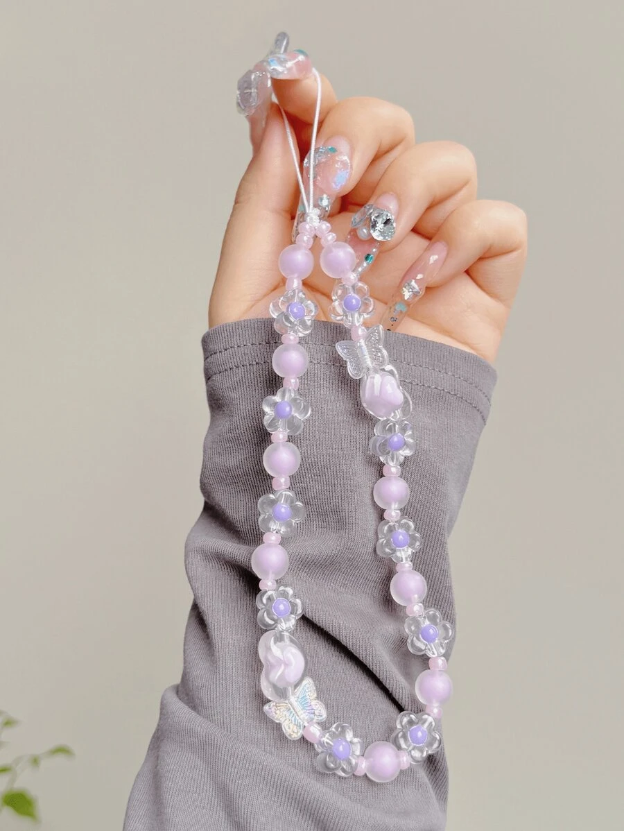 1pc Purple Butterfly & Flower Beaded Bracelet On Long Chain, Ombre Design And Simple, Personalized Accessory, Can Be Used As Decorative Chain For Mobile Phone Case Gifts For Mother, Family, Friends, Birthday, Holiday Phone Charm, Phone Chain