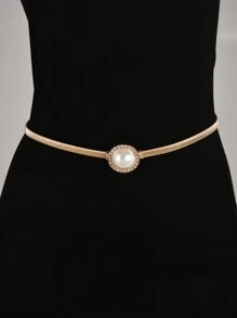 1pc Elegant Women's Accessory Featuring A Metal Spring Waist Belt With An Alloy Bow Body Chain Buckle Adorned With Rhinestone-Encrusted Adding A Touch Of Sophistication To Any Outfit - Gold - View 1