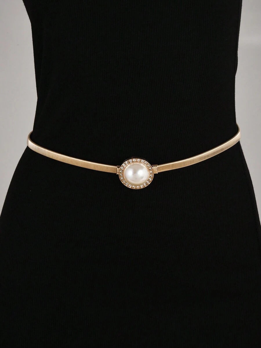 1pc Elegant Women's Accessory Featuring A Metal Spring Waist Belt With An Alloy Bow Body Chain Buckle Adorned With Rhinestone-Encrusted Adding A Touch Of Sophistication To Any Outfit - Gold - View 1