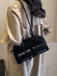 时尚黑色绒面革复古波士顿单肩包，配有多个口袋和蝴蝶结装饰，新款秋冬女包，最佳秋季钱包