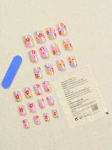 24pcs Short Square Nails With Colorful Flowers For Spring, Comes With 1 Nail File And 1 Jelly Gel, Suitable For Women To Wear At Parties, Dances And For Daily Use Press On Nails Nail Supplies - Multicolor - View 2