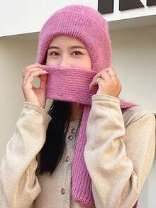1入組女士防風帽圍巾套裝,加厚保暖針織帽圍巾組合帶耳罩,適用於秋冬季節 - 粉色 - 查看 1