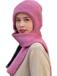 1入組女士防風帽圍巾套裝,加厚保暖針織帽圍巾組合帶耳罩,適用於秋冬季節 - 粉色 - 查看 2