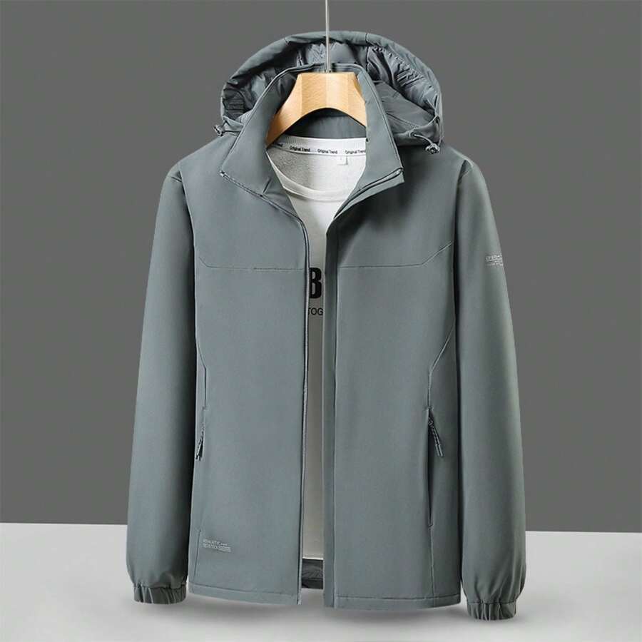 Men's Lightweight Waterproof Windproof Detachable Hooded Puffer Jacket For Outdoor Activities, Breathable, Abrasion Resistant With Personalized Letter Print And Elastic Cuffs - Light Grey - View 1