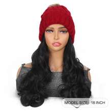 女士红色帽子假发针织温暖波浪卷发长发片合成天然假发带帽子一体式假发 - 黑色 - 查看 2