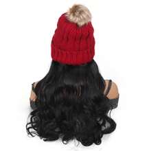 女士红色帽子假发针织温暖波浪卷发长发片合成天然假发带帽子一体式假发 - 黑色 - 查看 3