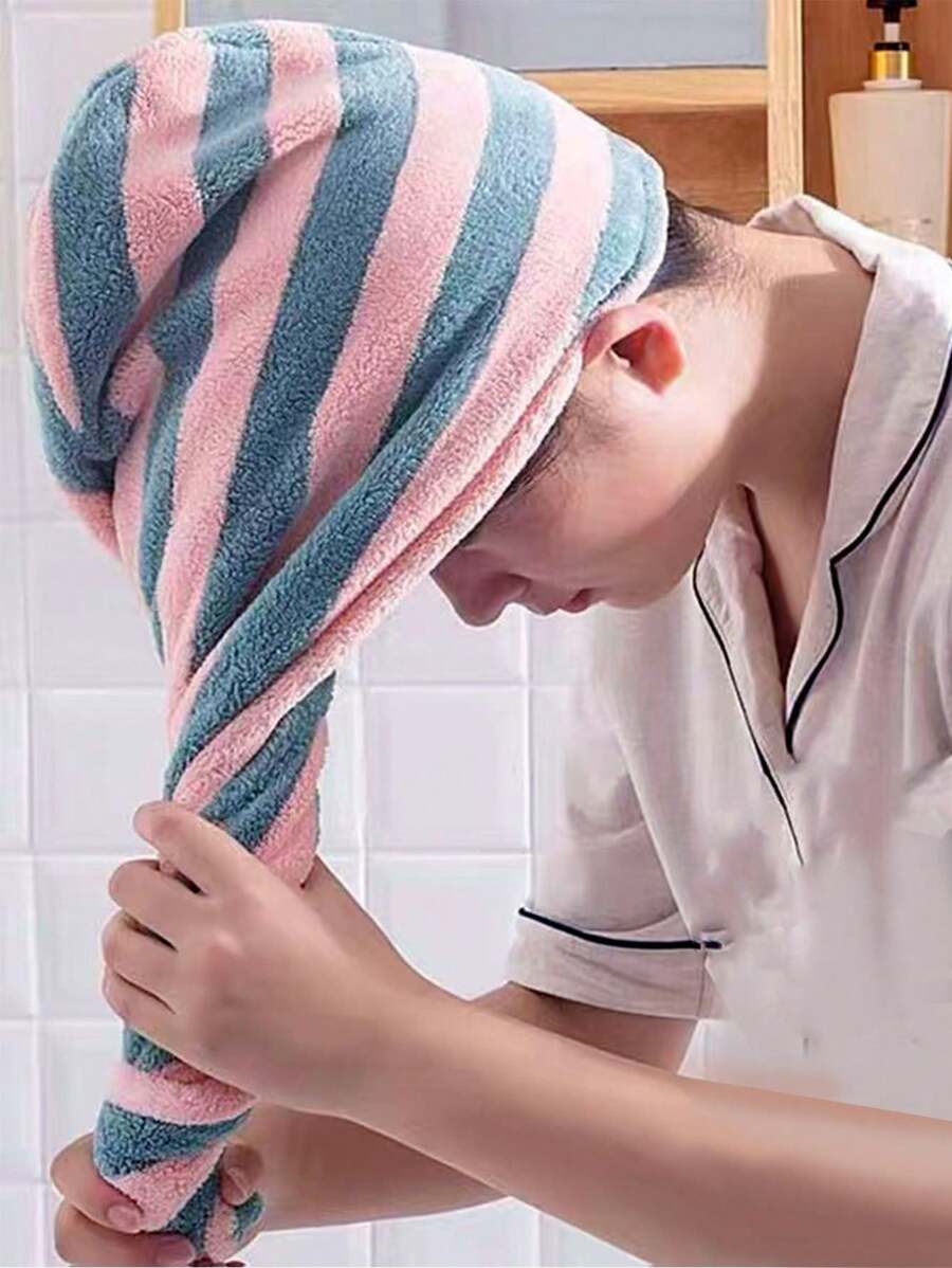 1入組條紋珊瑚絨浴帽,干髮帽,吸水快,柔軟舒適,適用於浴室 - 彩色 - 查看 1