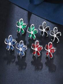 1 Pair Cute Transparent Zirconia Flower Stud Earrings, Suitable For Women's Wedding Wear, Shiny Crystal Fashion Bridal Jewelry