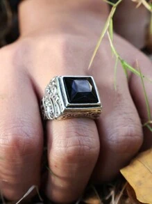 1pc Vintage Men'S Bohemian Jewelry Black Gemstone Ring, Luxurious Style Daily Accessory - Antique Silver - View 2