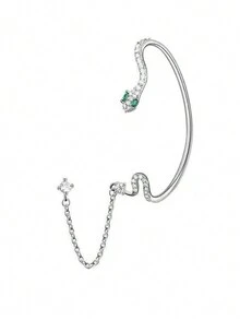 1PC Silver Needle Inlaid Diamond Snake Shaped Earrings And Ear Hanging Integrated Niche Design, With A Cool And High-End Feel - Silver - View 1