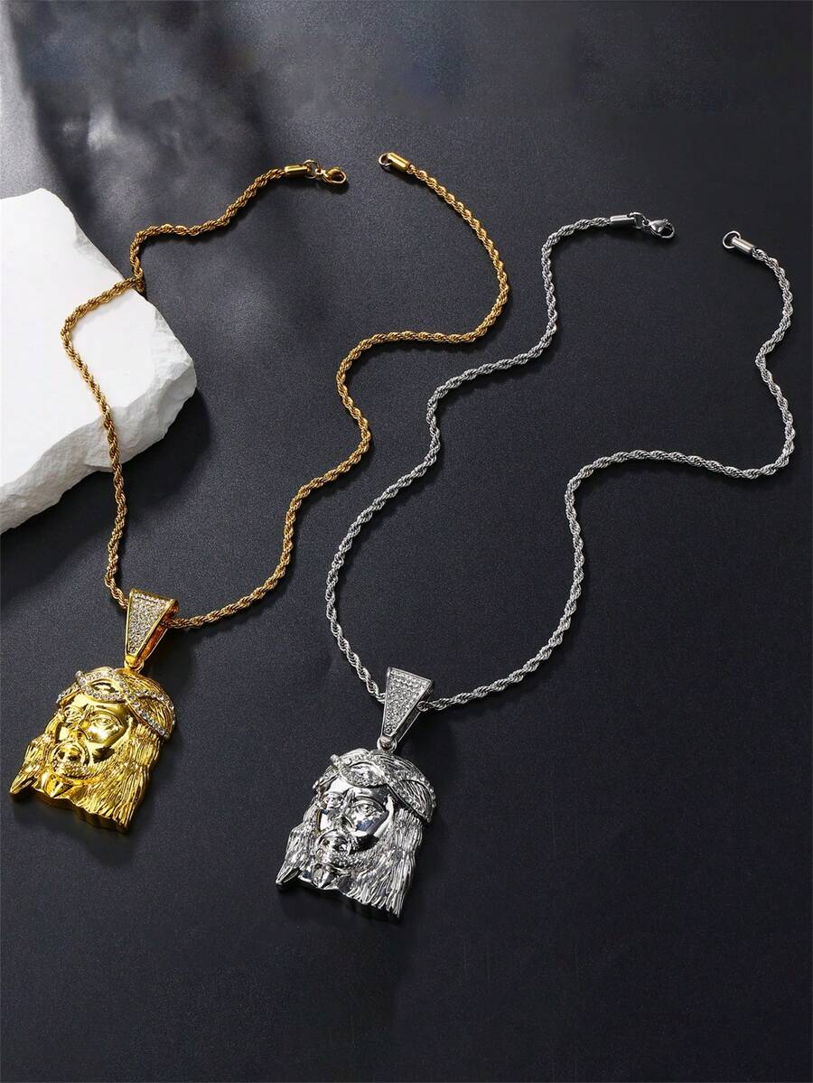 精致的耶稣吊坠项链，适合男孩和女孩，银色/金色可选，饰有水钻，非常适合崇拜和信仰，圣诞节/新年/日常穿着/派对的礼物，适合嘻哈或朋克风格的服装。 - 金黃色 - 查看 1