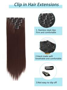 暗啡色合成髮延伸,22英寸直髮片夾,7入組16夾長直髮夾片,自然外觀 - Dark Brown - 查看 2