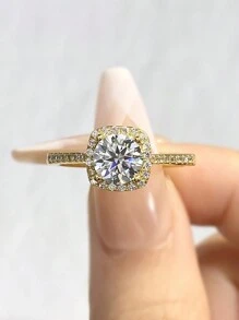 1入簡約優雅925純銀1ct經典方型鑽戒,適用於女性珠寶經典紀念日禮物,永恆承諾訂婚和婚戒,精美珠寶 - 金黃色 - 查看 1