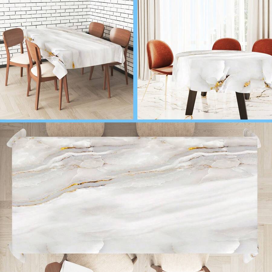 1PC Platinum Marble Round Table Cloth Wipable Table Cloth Cover Waterproof Fabric Farmhouse Abstract Kitchen Table Decoration Picnic Terrace Spring/Summer Decoration Rectangle 60*60/60*84/60*104 Inches - White Gold - View 1