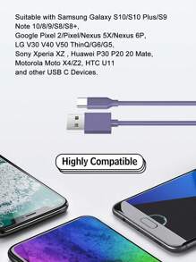 6英尺/2米usb Type C充電線,多色type C充電線,支援快速充電,適用於三星s23 S22 Note 20 Ultra Ipad Pro Air Mini Book Air - 紫色 - 查看 7
