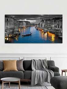 1張城市風景畫壁飾海報,帆布材質,湖泊畫壁畫,精美家居禮品,適用於家庭客廳、臥室、廚房、浴室、辦公室等,不含相框 - 藍色 - 查看 4