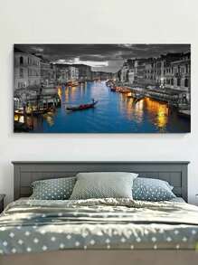 1張城市風景畫壁飾海報,帆布材質,湖泊畫壁畫,精美家居禮品,適用於家庭客廳、臥室、廚房、浴室、辦公室等,不含相框 - 藍色 - 查看 1